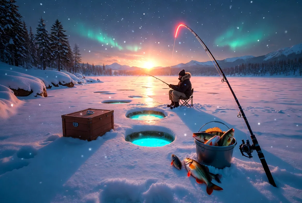 Gameplay screenshot from Winter Fishing - ice fishing on a frozen lake